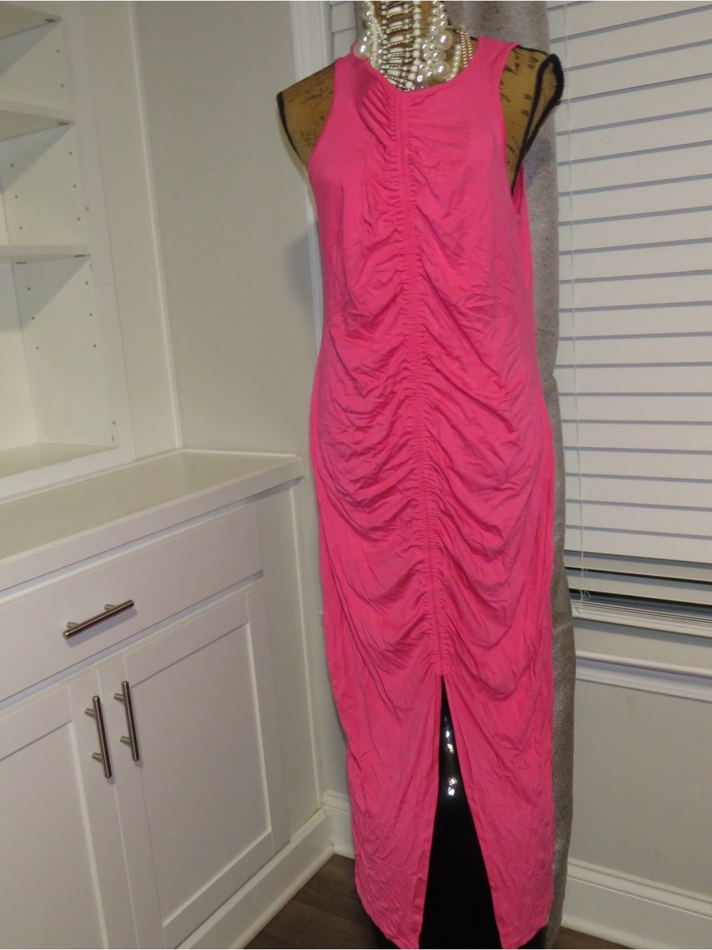 Ruched Sleeveless Maxi Dress in Hot Pink